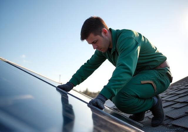 Tecnico specializzato mentre installa un modulo fotovoltaico